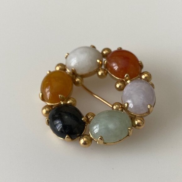 14k Solid Yellow Gold Multi-Color Genuine Jade Vintage Wreath Brooch Pin - Picture 5 of 5